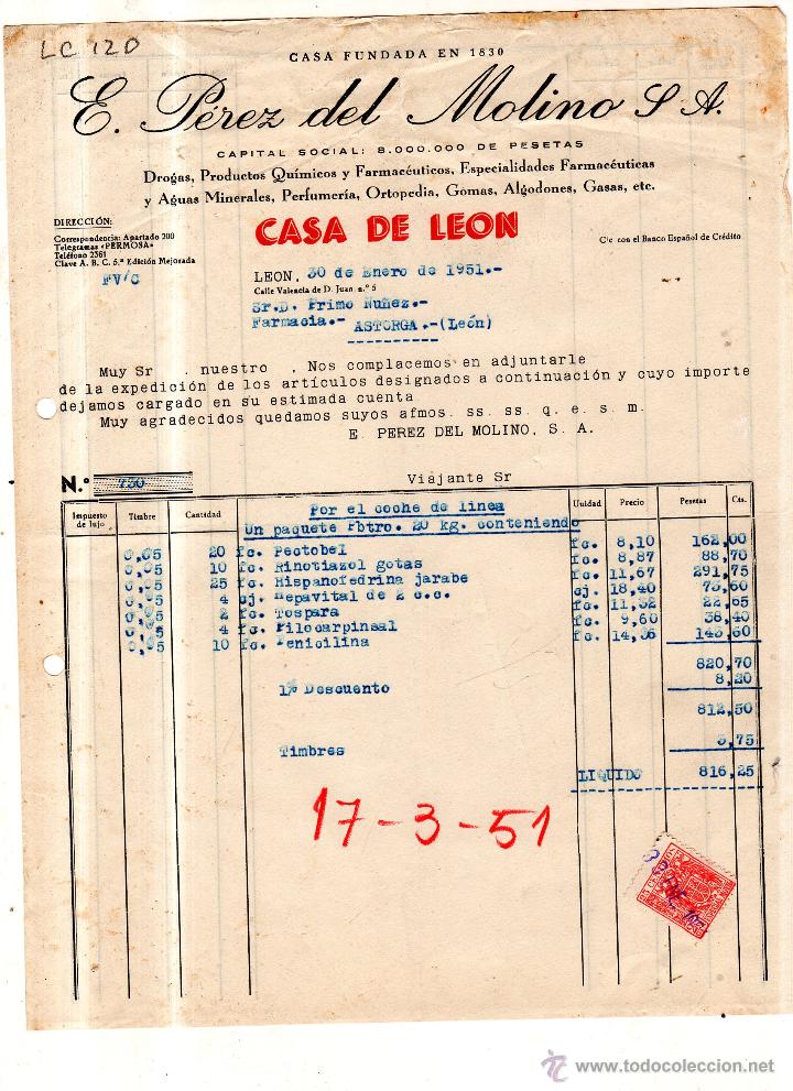 Old Invoices: FACTURA. E.PEREZ DEL MOLINO. S.A.FARMACIA LEON 1951.