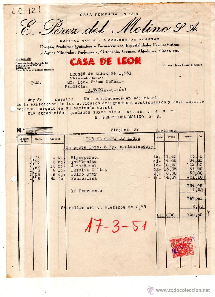 Old Invoices: FACTURA. E. PEREZ DEL MOLINO S,A, FARMACIA ,LEON 1951.