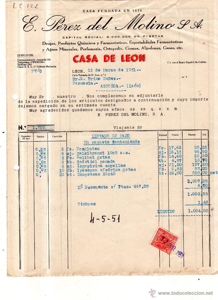 Old Invoices: FACTURA. E.PEREZ DEL MOLINO ,FARMACIA , LEON , 1951.