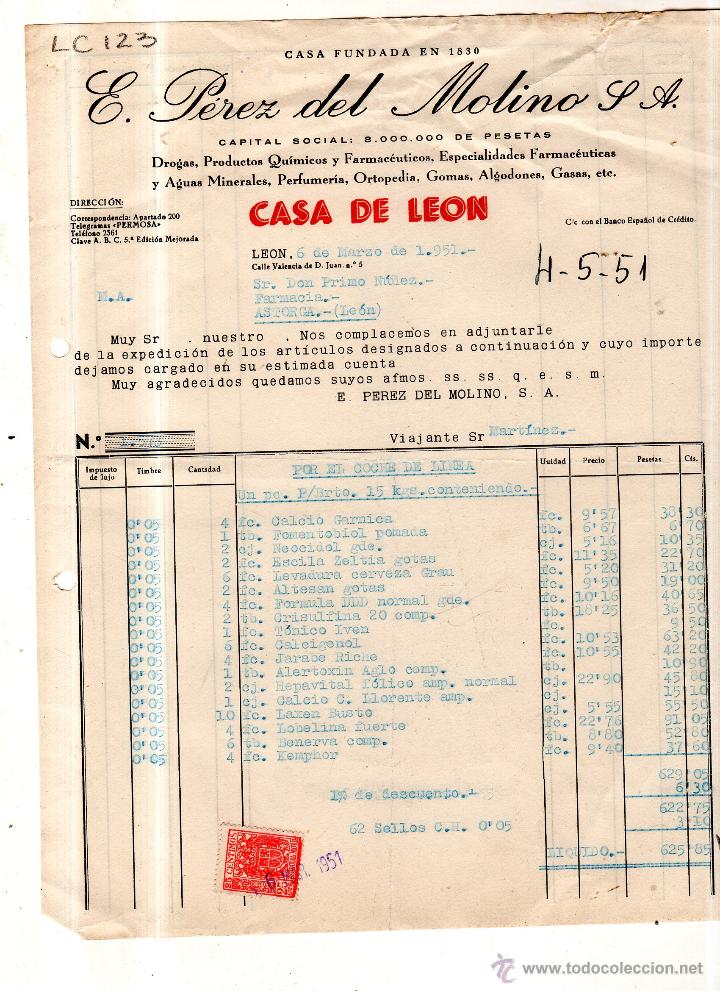Old Invoices: FACTURA. E.PEREZ DEL MOLINO ,FARMACIA ,LEON 1951.