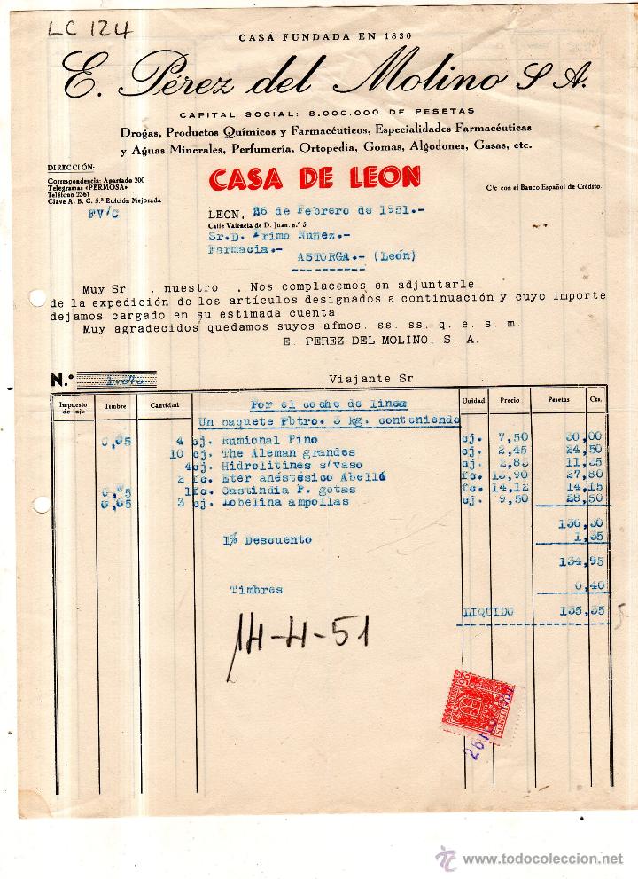 Old Invoices: FACTURA. E. PEREZ DEL MOLINO S.A. FARMACIA , LEON 1951.