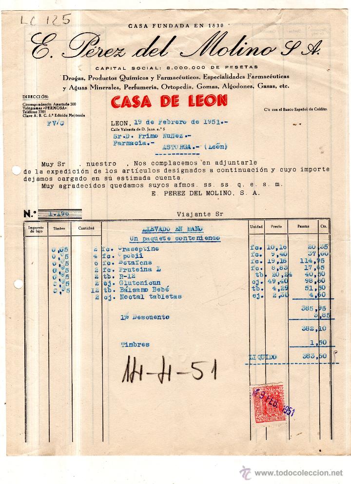 Old Invoices: FACTURA. E. PEREZ DEL MOLINO ,S.A. FARMACIA , LEON 1951.
