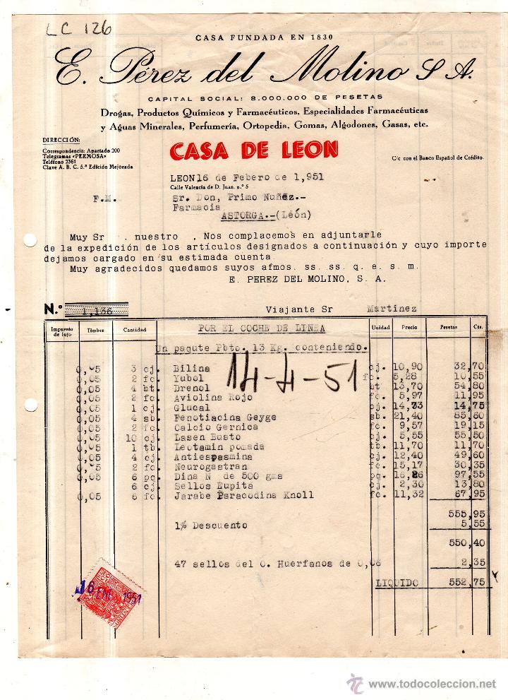 Old Invoices: FACTURA . E.PEREZ DEL MOLINO S.A. FARMACIA .LEON 1951.