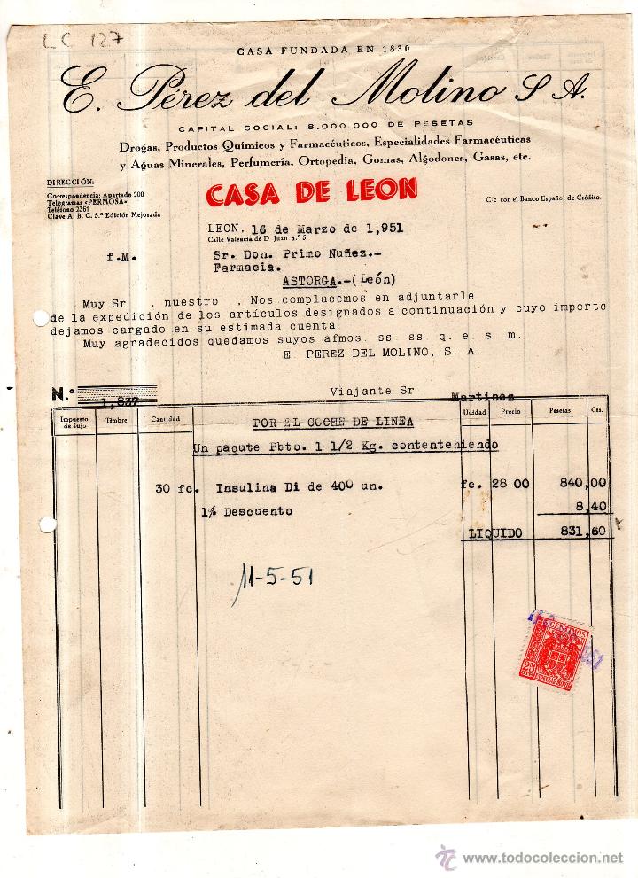 Old Invoices: FACTURA. E. PEREZ DEL MOLINO S.A. FARMACIA , LEON 1951.