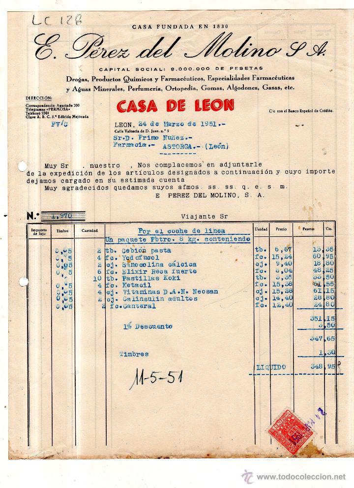 Old Invoices: FACTURA. E. PEREZ DEL MOLINO S.A.FARMACIA , LEON 1951.