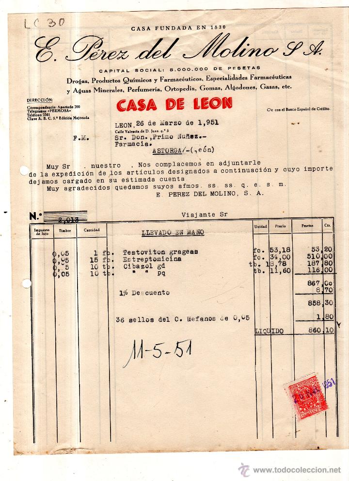 Old Invoices: FACTURA. E.PEREZ DEL MOLINO S.A., FARMACIA, LEON 1951.