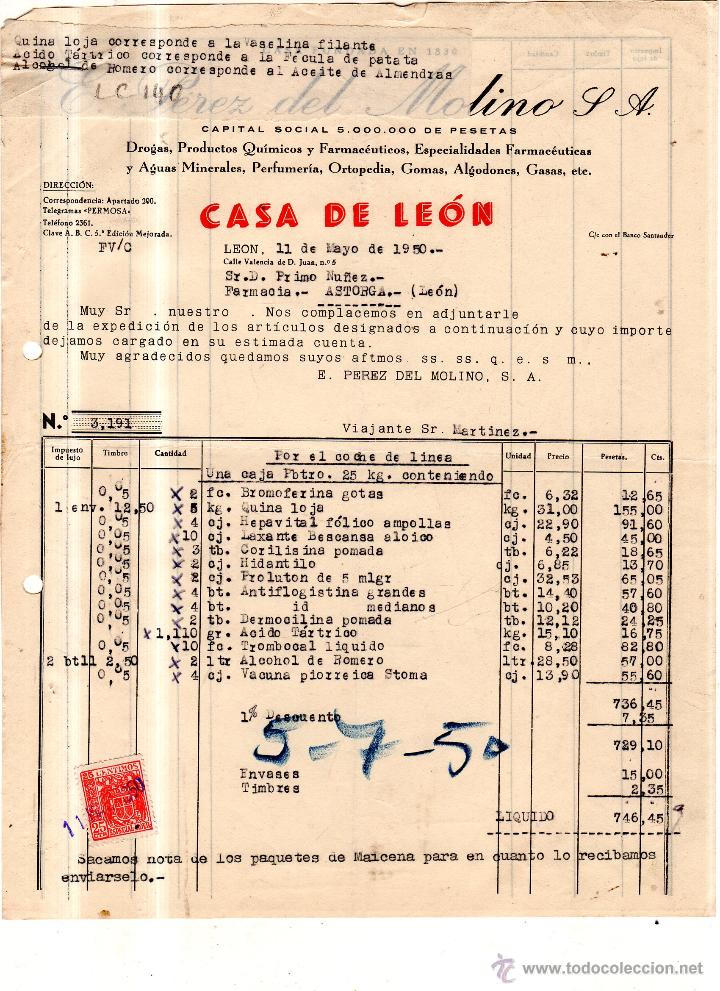Factures anciennes: FACTURA. E.PEREZ. DEL MOLINO.S.A. FARMACIA , LEON 1950.