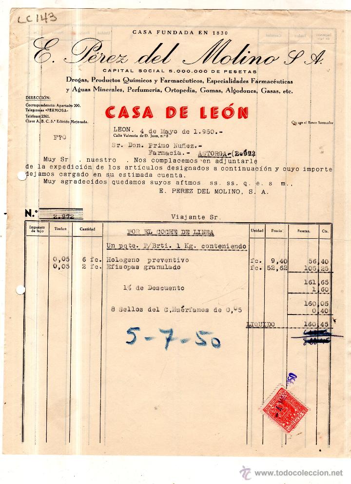 Factures anciennes: FACTURA.E. PEREZ DEL MOLINO .S.A. FARMACIA , LEON 1950.