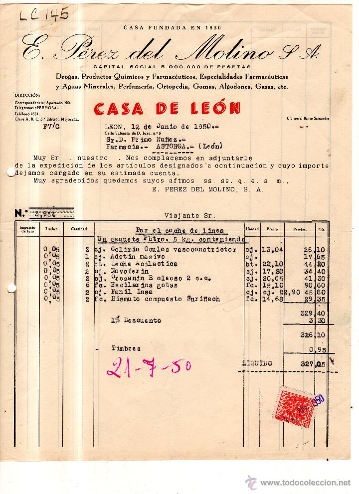 Alte Rechnungen: FACTURA. E. PEREZ DEL MOLINO .S.A. FARMACIA ,LEON ,1950.