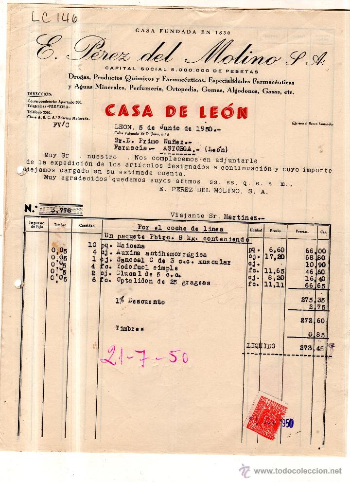 Alte Rechnungen: FACTURA.E. PEREZ DEL MOLINO .S.A. FARMACIA LEON ,1950.