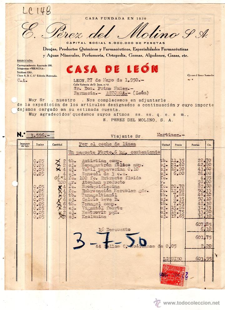 Alte Rechnungen: FACTURA. E.PEREZ DEL MOLINO .S.A. FARMACIA ,LEON 1950.