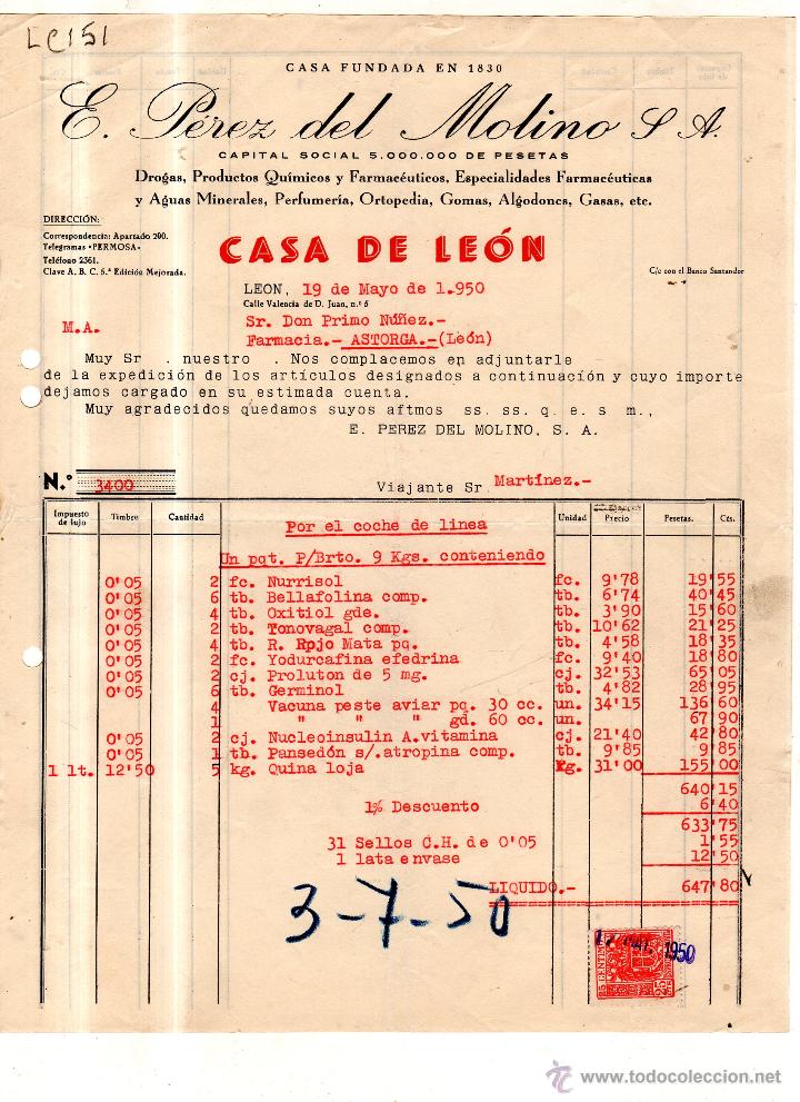 Alte Rechnungen: FACTURA. E. PEREZ DEL MOLINO ,FARMACIA ,LEON 1950.