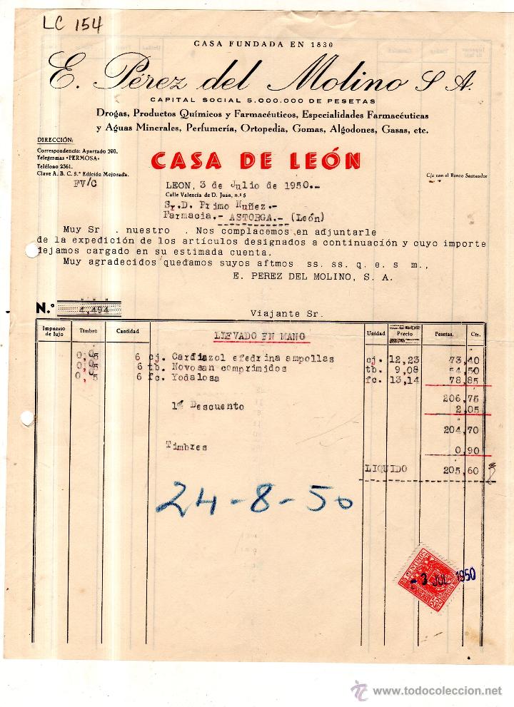 Alte Rechnungen: FACTURA. E.PEREZ DEL MOLINO ,FARMACIA , LEON 1950.