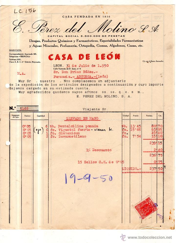 Alte Rechnungen: FACTURA. E. PEREZ DEL MOLINO .S.A . FARMACIA ,LEON 1950.