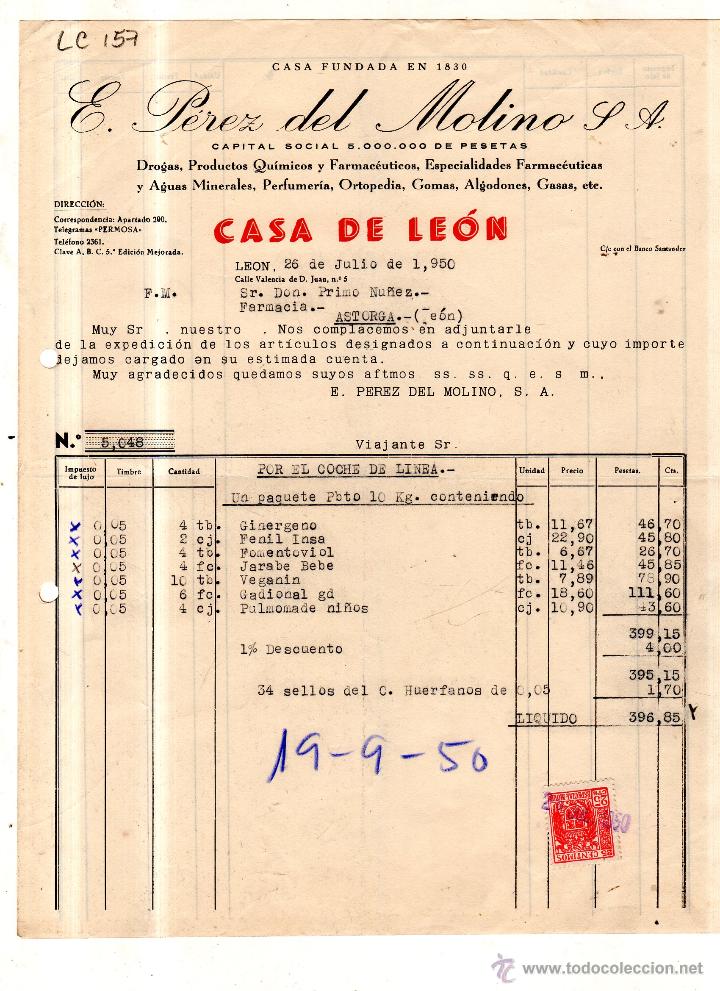 Alte Rechnungen: FACTURA. E.PEREZ. DEL MOLINO ,S.A. FARMACIA ,LEON 1950.