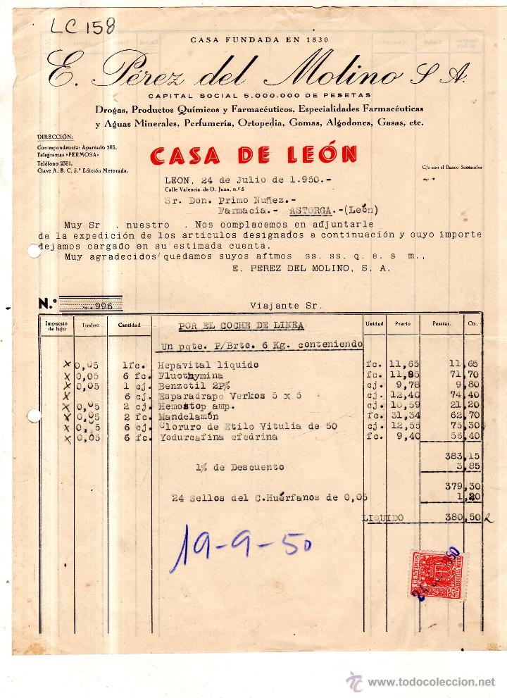 Alte Rechnungen: FACTURA. E. PEREZ .S.A.FARMACIA ,LEON 1950.