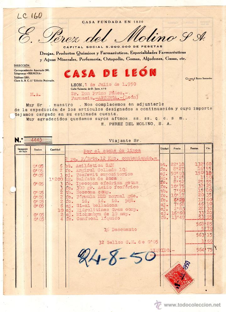 Alte Rechnungen: FACTURA. E.PEREZ DEL MOLINO , FARMACIA ,LEON 1950