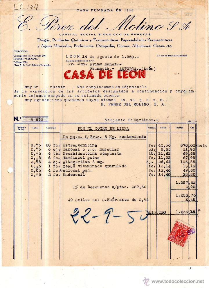 Alte Rechnungen: FACTURA. E.PEREZ DEL MOLINO , FARMACIA , LEON 1950.