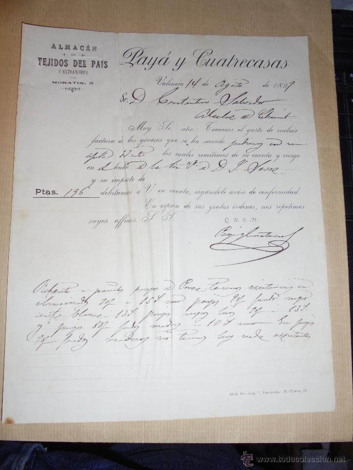 Facturas antiguas: (M2) ANTIGUA FACTURA - VALENCIA 1899- PAY&Aacute; Y CUATRECASAS , ALMACEN DE TEJIDOS DEL PAIS Y EXTRANJEROS