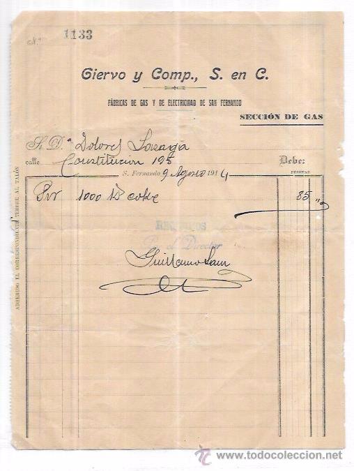 Facturas antiguas: FACTURA. F&Aacute;BRICA DE GAS Y DE ELECTRICIDAD DE SAN FERNANDO. CIERVO Y COMP. S. EN C. 1914