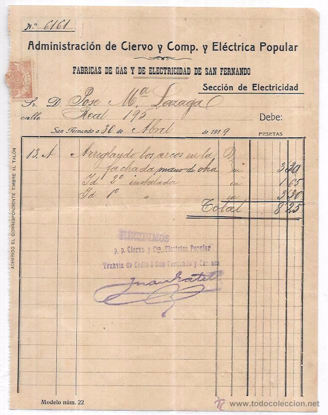 Facturas antiguas: FACTURA. F&Aacute;BRICA DE GAS Y DE ELECTRICIDAD DE SAN FERNANDO. CIERVO Y COMP. S. EN C. 1919