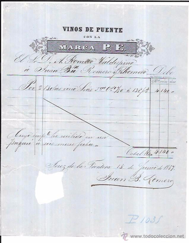 Facturas antiguas: FACTURA. VINOS DE PUENTE CON LA MARCA P.E. JEREZ DE LA FRONTERA, 1887.