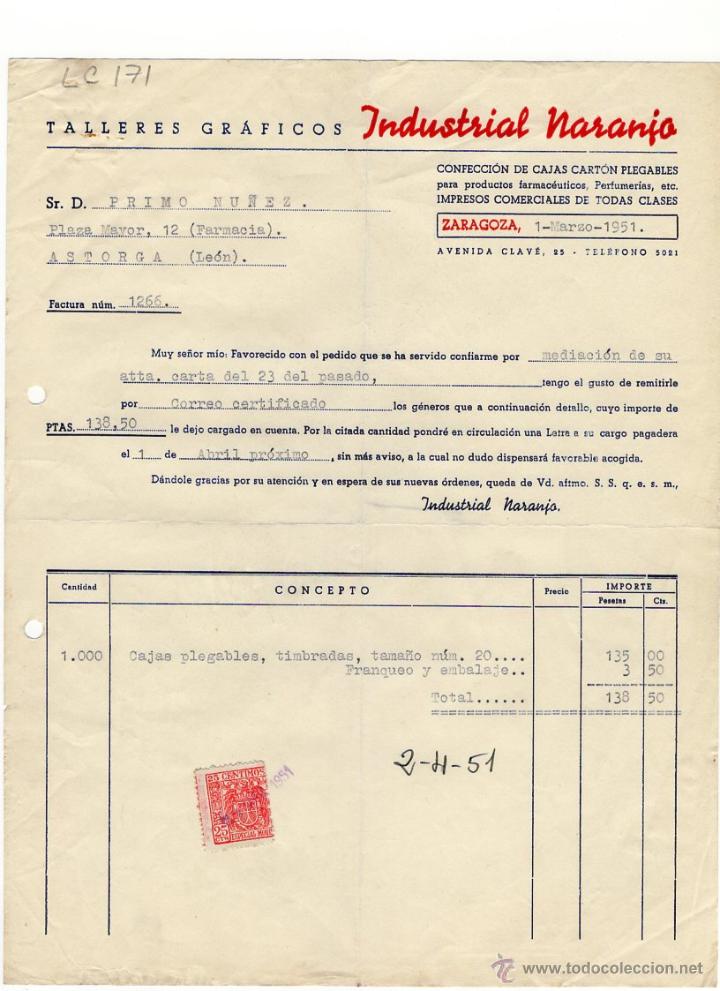 Facturas antiguas: FACTURA .INDUSTRIAL NARANJO..FARMACIA,LEON 1951.