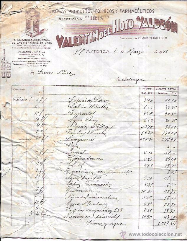 Facturas antiguas: FACTURA, DROGAS, PRODUCTOS QU&Iacute;MICOS Y FARMACEUTICOS. VALENTIN DEL HOYO VALDE&Oacute;N. ASTORGA, 1943