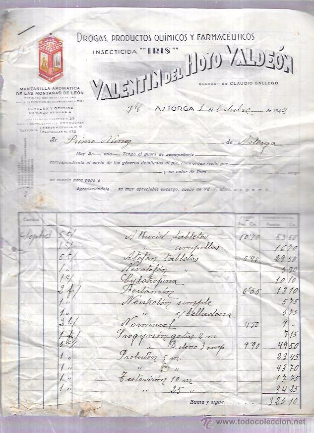 Factures anciennes: FACTURA. DROGAS, PRODUCTOS QU&Iacute;MICOS Y FARMACEUTICOS. VALENTIN DEL HOYO VALDE&Oacute;N. ASTORGA, 1942