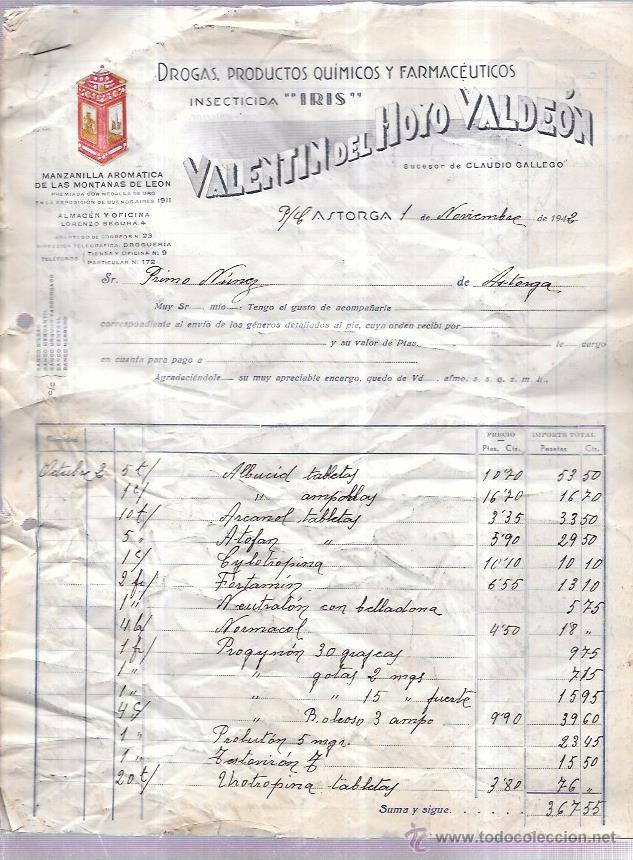 Factures anciennes: FACTURA. DROGAS, PRODUCTOS QU&Iacute;MICOS Y FARMACEUTICOS. VALENTIN DEL HOYO VALDE&Oacute;N. ASTORGA, 1942