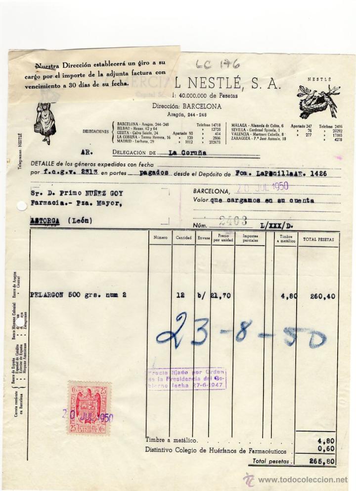 Factures anciennes: FACTURA.COMERCIAL NESTLE, S.A. BARCELONA 1950.