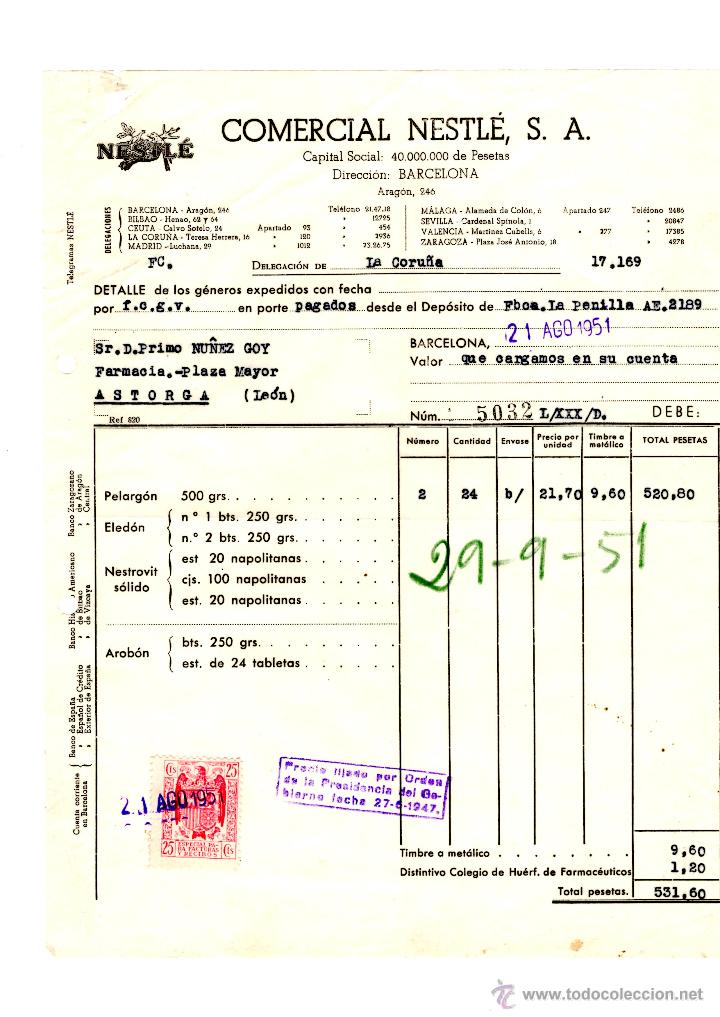 Factures anciennes: FACTURA.COMERCIAL NESTLE, S.A. BARCELONA 1951.