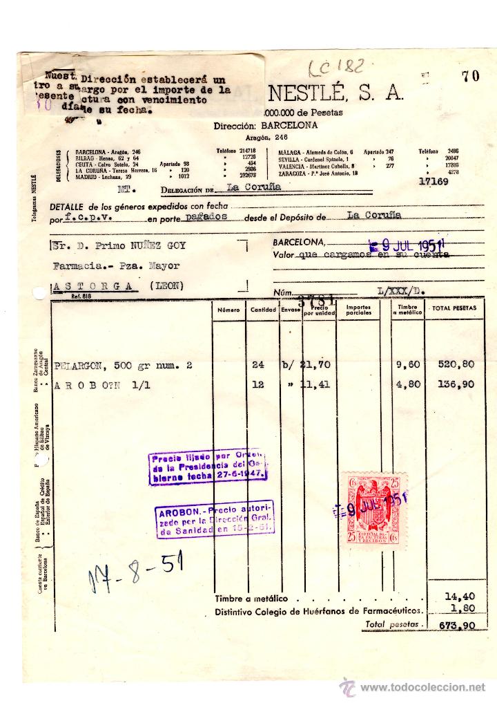 Factures anciennes: FACTURA.COMERCIAL NESTLE, S.A. BARCELONA 1951.