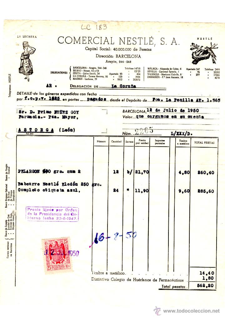 Factures anciennes: FACTURA.COMERCIAL NESTLE, S.A. BARCELONA 1950.