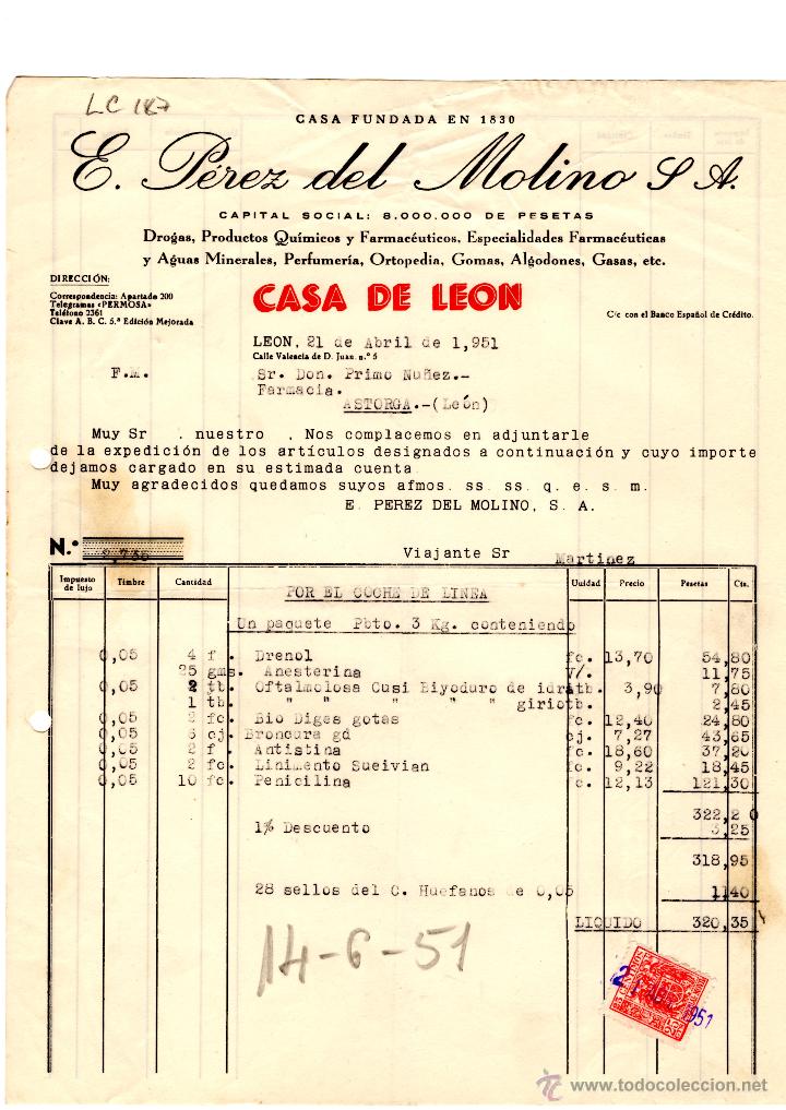 Factures anciennes: FACTURA .PEREZ DEL MOLINO S:A FARMACIA.LEON 1951