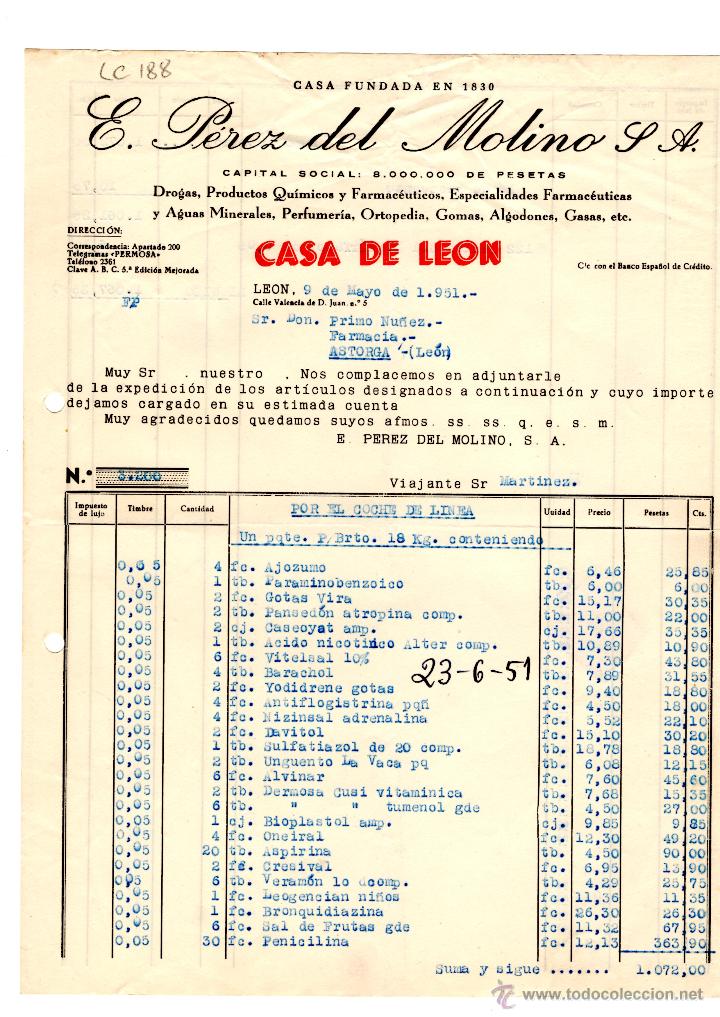Factures anciennes: FACTURA.E.PEREZ DEL MOLINO, S.A.FARMACIA,LEON 1951.