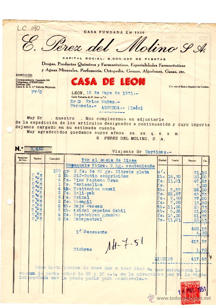 Old Invoices: FACTURA.E.PEREZ DEL MOLINO, S.A.FARMACIA,LEON 1951.