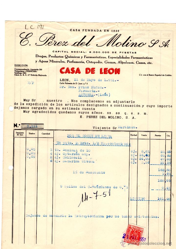 Old Invoices: FACTURA.E.PEREZ DEL MOLINO, S.A.FARMACIA,LEON 1951.
