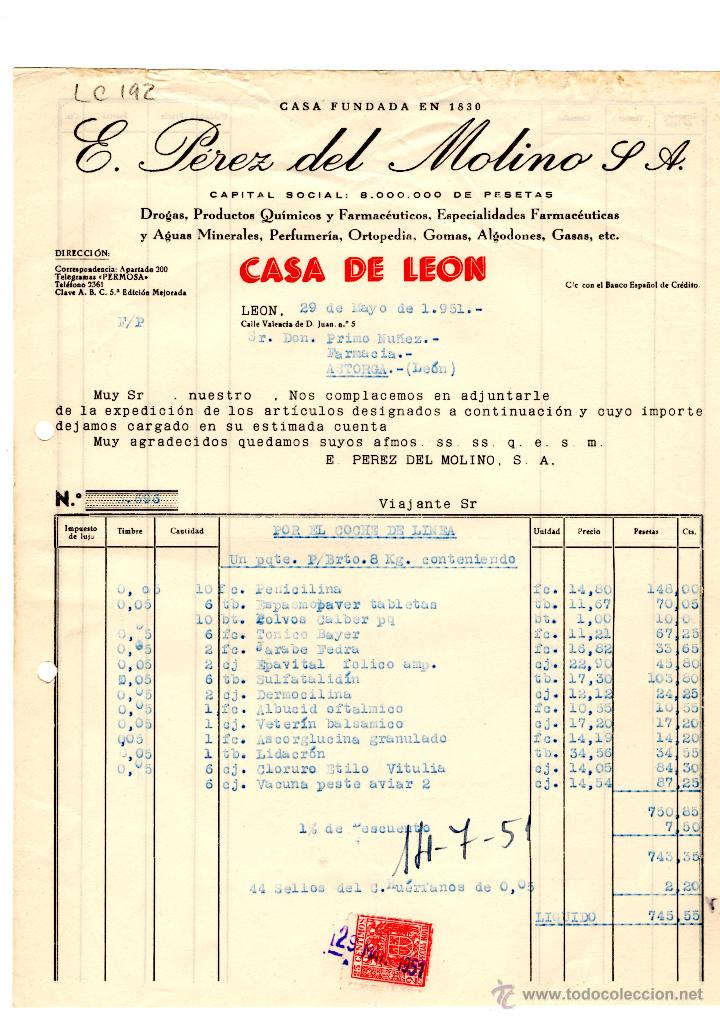 Old Invoices: FACTURA.E.PEREZ DEL MOLINO, S.A.FARMACIA,LEON 1951.