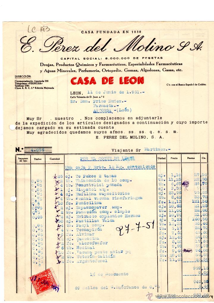 Old Invoices: FACTURA.E.PEREZ DEL MOLINO, S.A.FARMACIA,LEON 1951.
