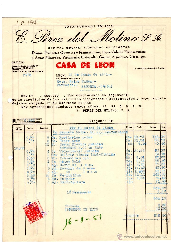 Old Invoices: FACTURA.E.PEREZ DEL MOLINO, S.A.FARMACIA,LEON 1951.