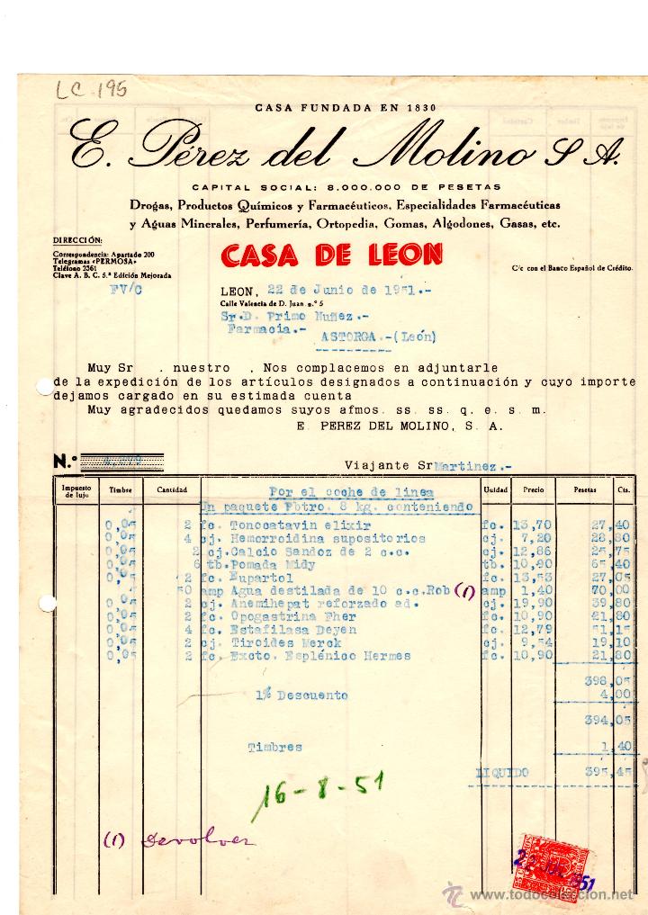 Old Invoices: FACTURA.E.PEREZ DEL MOLINO, S.A.FARMACIA,LEON 1951.