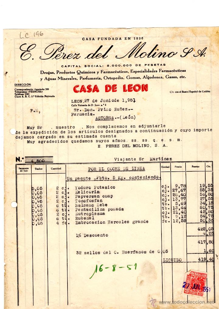 Old Invoices: FACTURA.E.PEREZ DEL MOLINO, S.A.FARMACIA,LEON 1951.