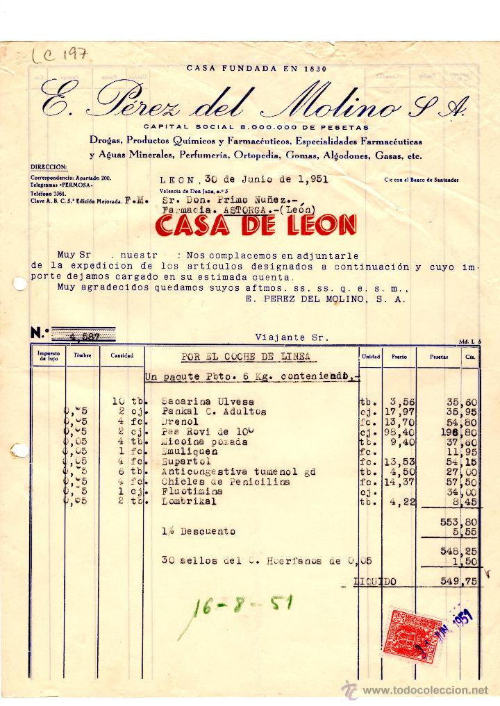 Old Invoices: FACTURA.E.PEREZ DEL MOLINO, S.A.FARMACIA,LEON 1951.