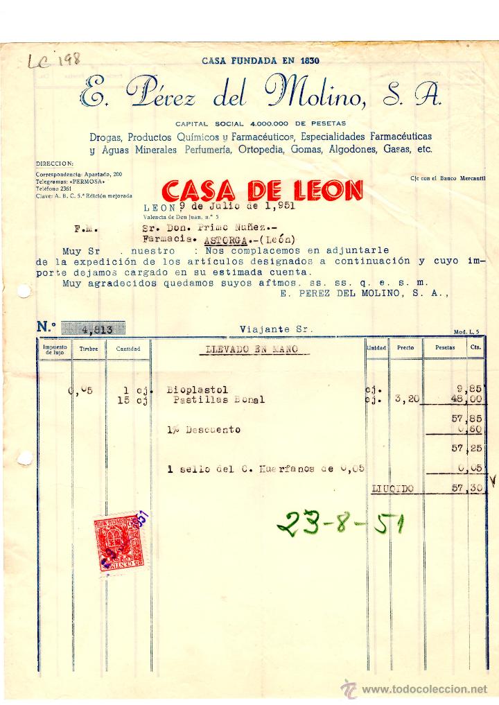 Old Invoices: FACTURA.E.PEREZ DEL MOLINO, S.A.FARMACIA,LEON 1951.