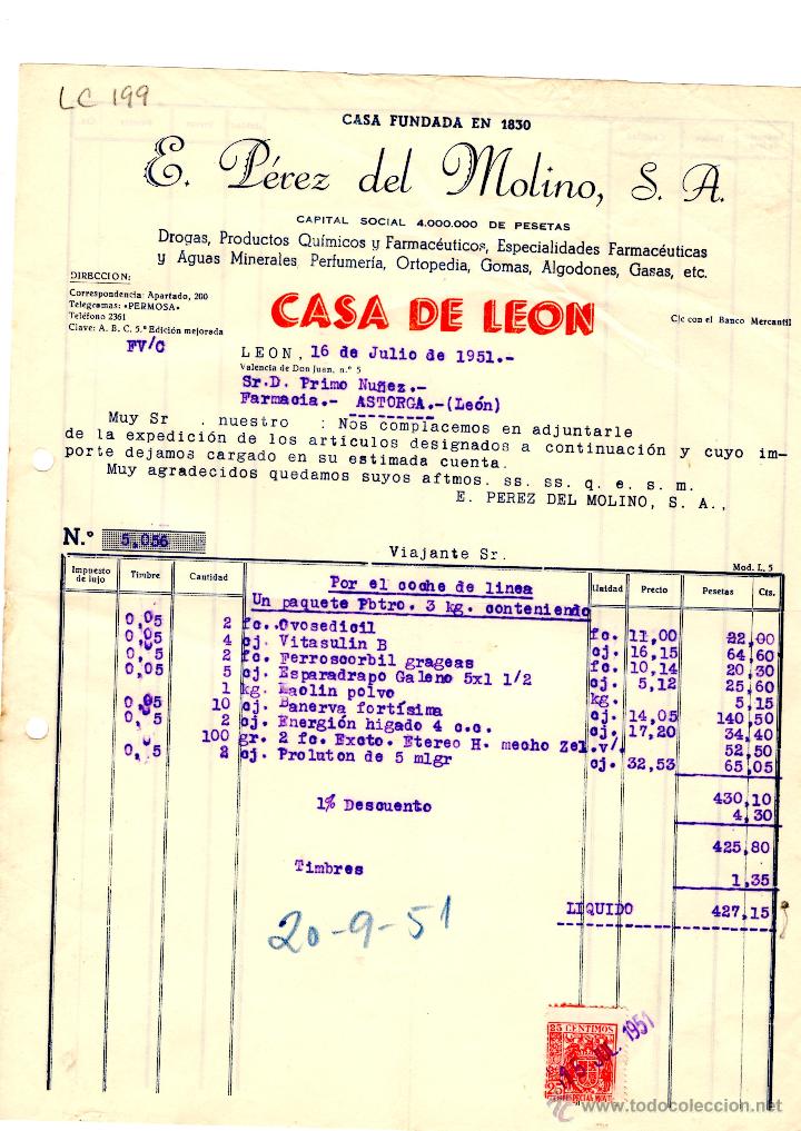 Old Invoices: FACTURA.E.PEREZ DEL MOLINO, S.A.FARMACIA,LEON 1951.