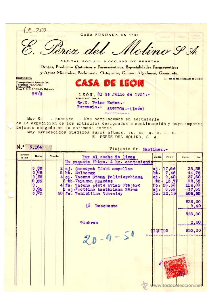 Old Invoices: FACTURA.E.PEREZ DEL MOLINO, S.A.FARMACIA,LEON 1951.