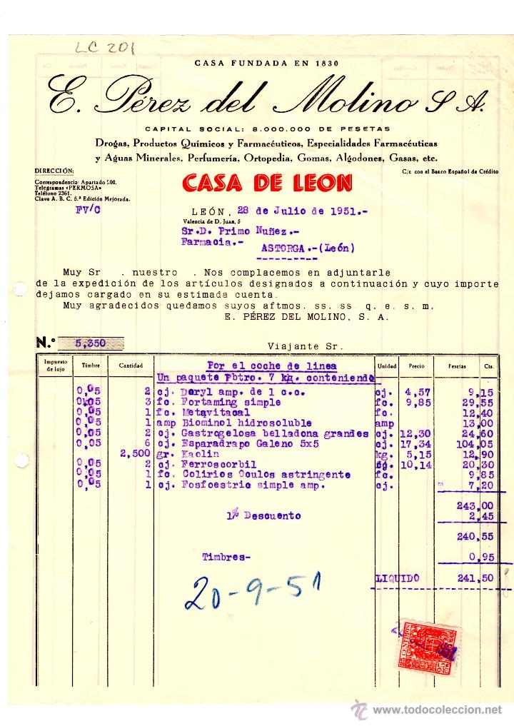 Old Invoices: FACTURA.E.PEREZ DEL MOLINO, S.A.FARMACIA,LEON 1951.