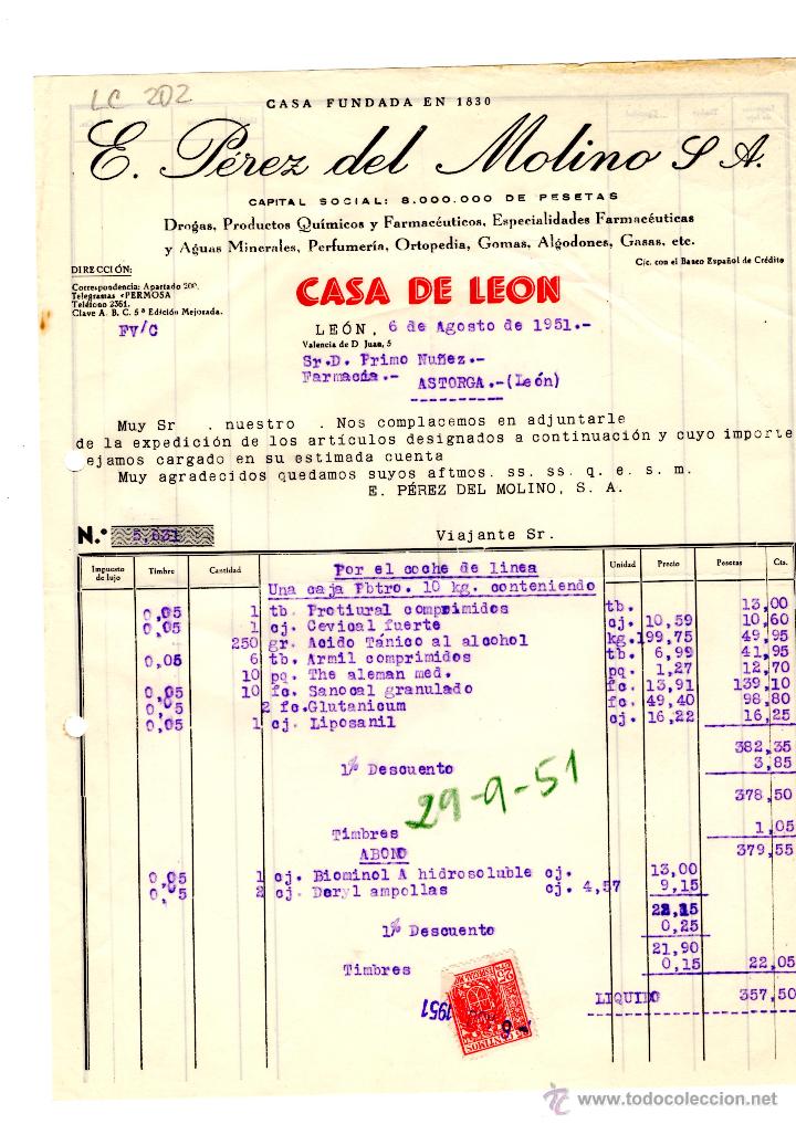 Old Invoices: FACTURA.COMERCIAL PEREZ DEL MOLINO S:A FARMACIA LEON 1951