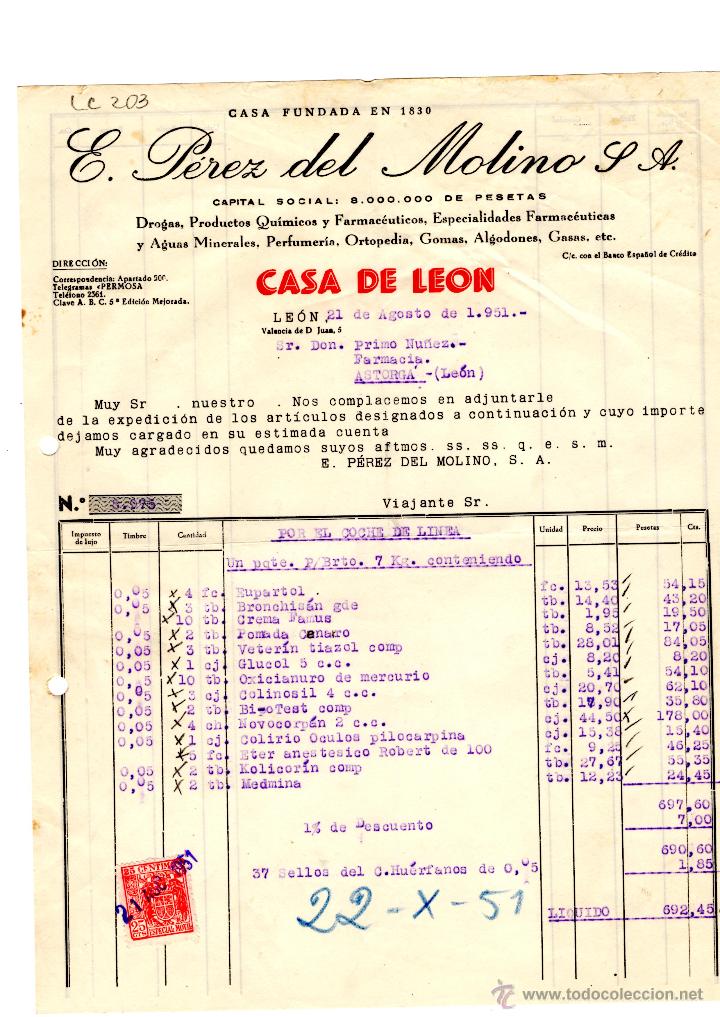 Old Invoices: FACTURA.E.PEREZ DEL MOLINO, S.A.FARMACIA,LEON 1951.